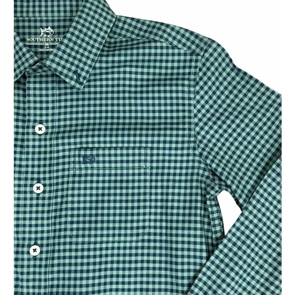 SOUTHERN TIDE Boys Green and Navy Button Down Medium (8-10)